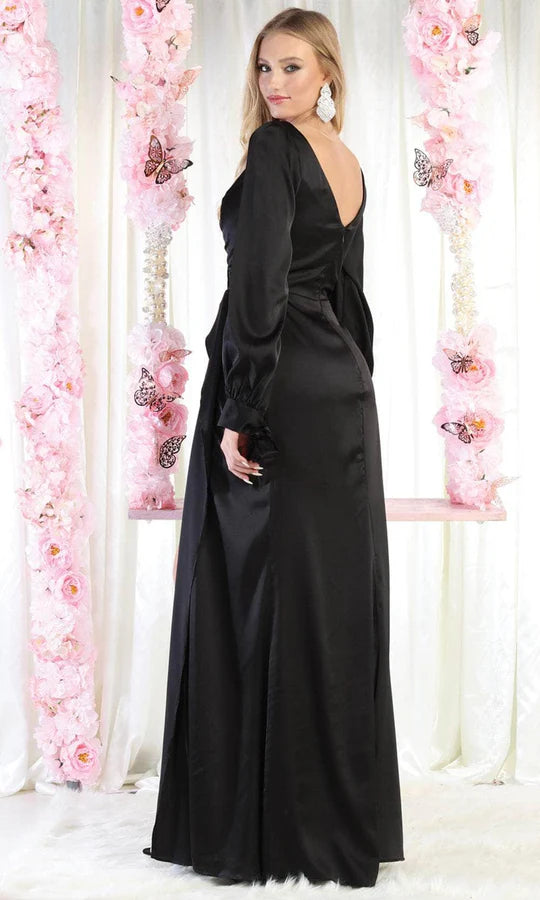 Glamorous Sheath Deep-V Puff-Sleeve V-Back Black Satin Wrap-Style Floor-Length Mother of the Bride Dresses