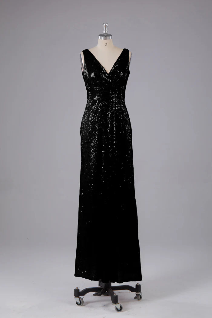 Glamorous Sheath Deep-V Sleeveless V-Back Sequin Floor-Length Bridesmaid Dresses