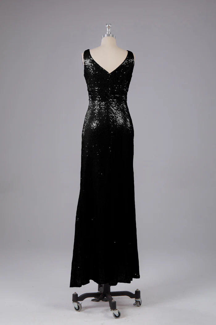 Glamorous Sheath Deep-V Sleeveless V-Back Sequin Floor-Length Bridesmaid Dresses