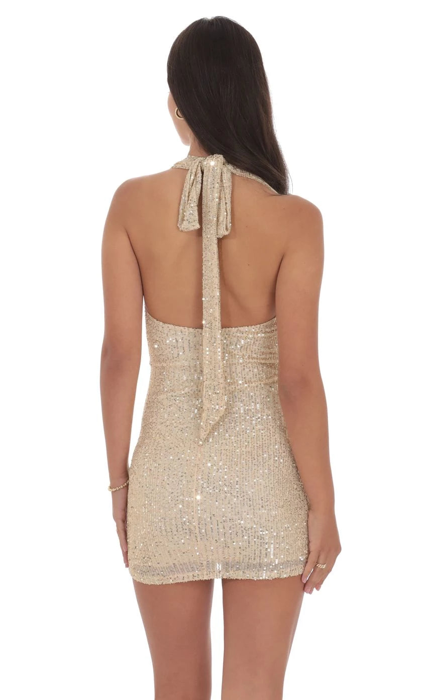 Glamorous Sheath Halter-Neck Sequin-Tie-Back Short Length Homecoming Dresses