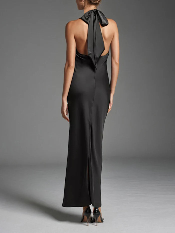 Glamorous Sheath Halter Neck Sleeveless Bow Back Long Length Prom Dresses