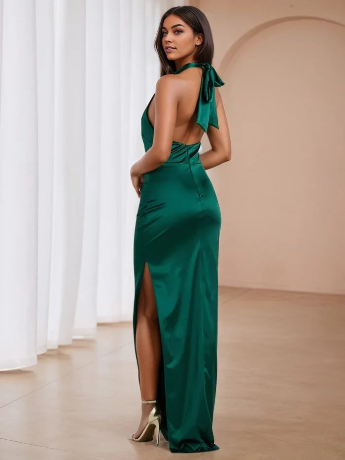 Glamorous Sheath Halter Neck Sleeveless Tie - Back Long Length Prom Dresses