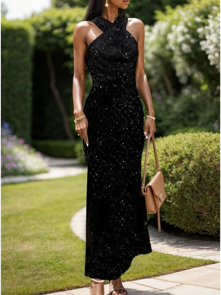 Glamorous Sheath Halter Sleeveless Open - Back Floor - Length Evening Gown