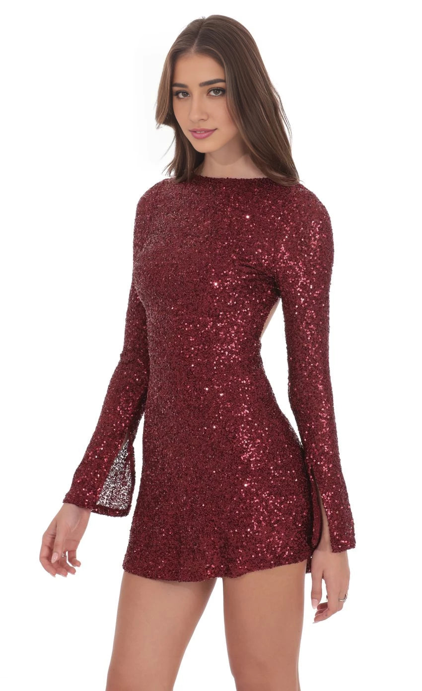 Glamorous Sheath High-Neck Long-Sleeve Tie-Back Short Length Homecoming Dresses