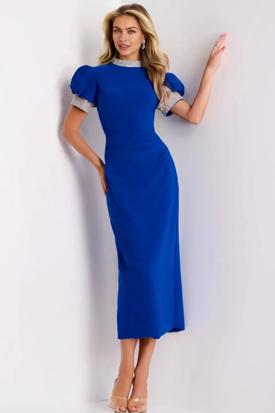 Glamorous Sheath High-Neck Puff-Sleeve Beaded-Trim Midi Length Evening Dresses