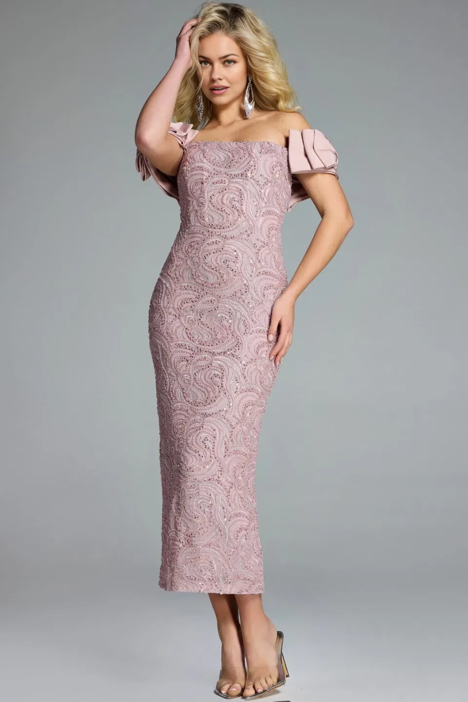 Glamorous Sheath Off-Shoulder Bow-Accent Beaded-Embellished Midi Length Evening Dresses