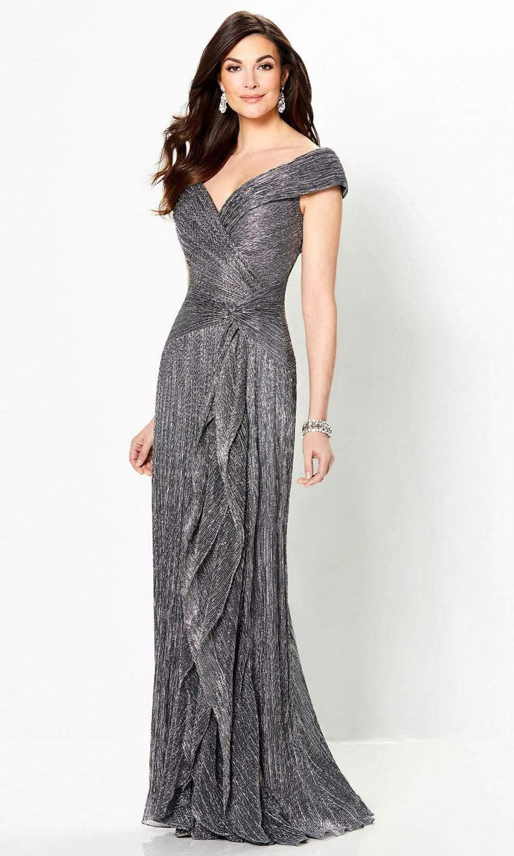 Glamorous Sheath Off-Shoulder Crinkled-Metallic-Ruffle-Back Gunmetal Chiffon Floor-Length Mother of the Bride Dresses