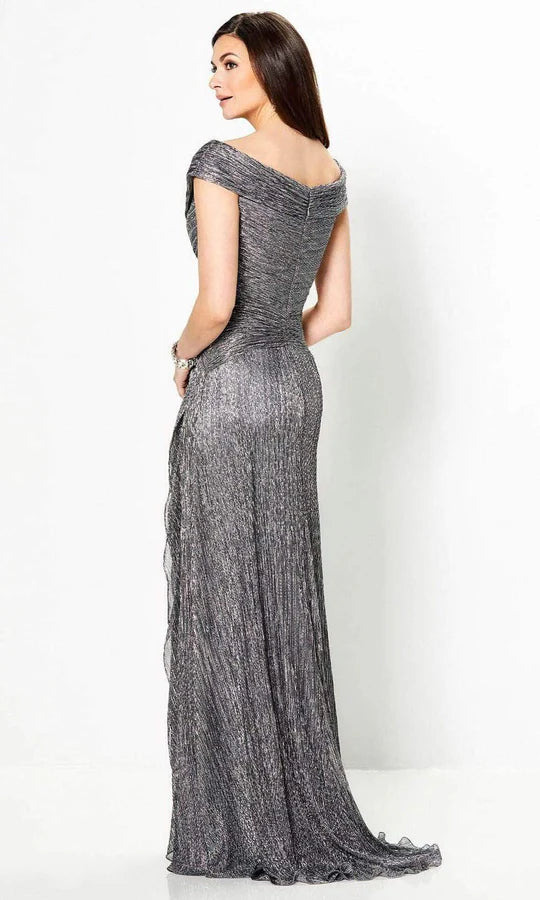 Glamorous Sheath Off-Shoulder Crinkled-Metallic-Ruffle-Back Gunmetal Chiffon Floor-Length Mother of the Bride Dresses