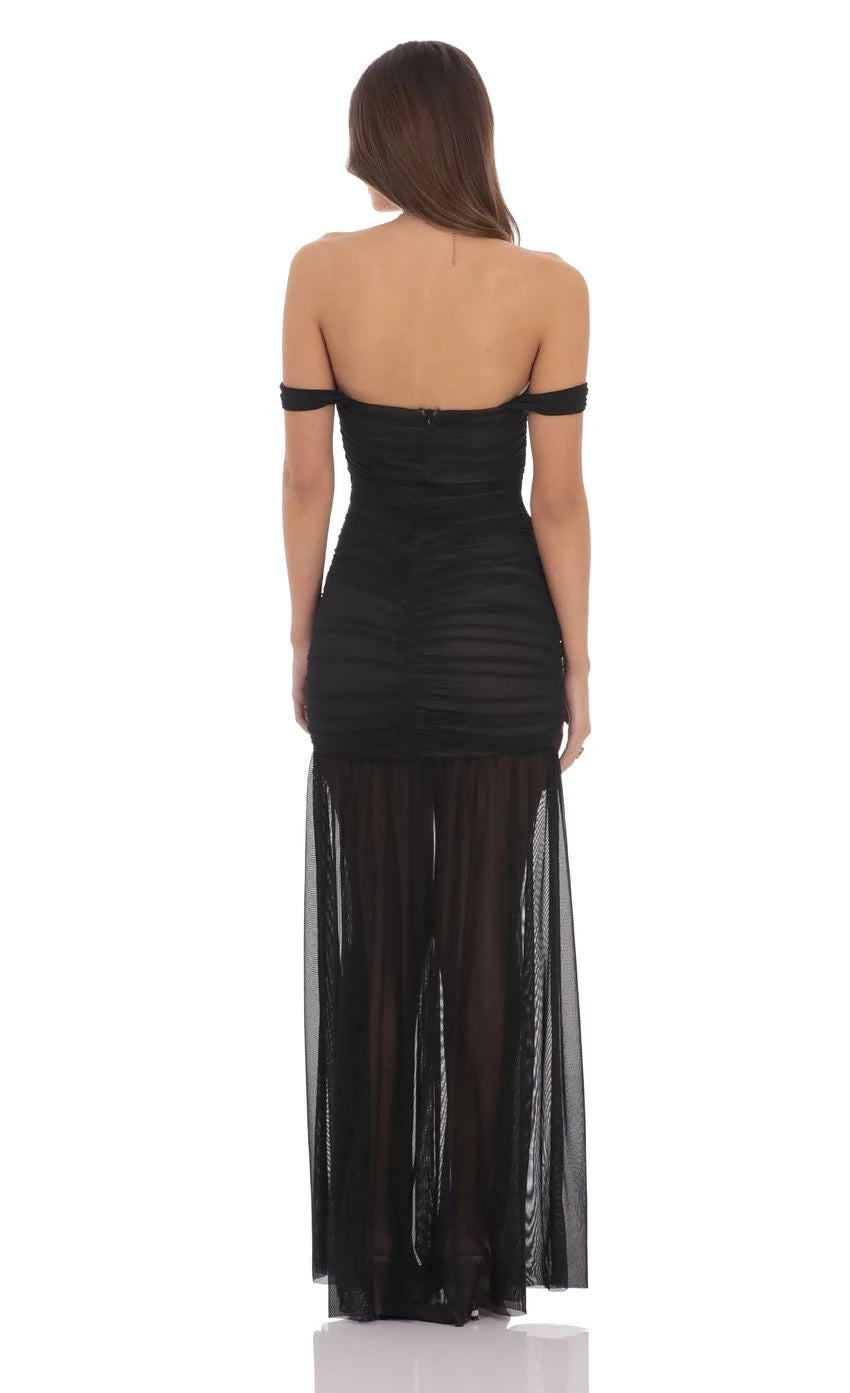 Glamorous Sheath Off-Shoulder Ruched Mesh High-Slit Floor Length Prom Dresses