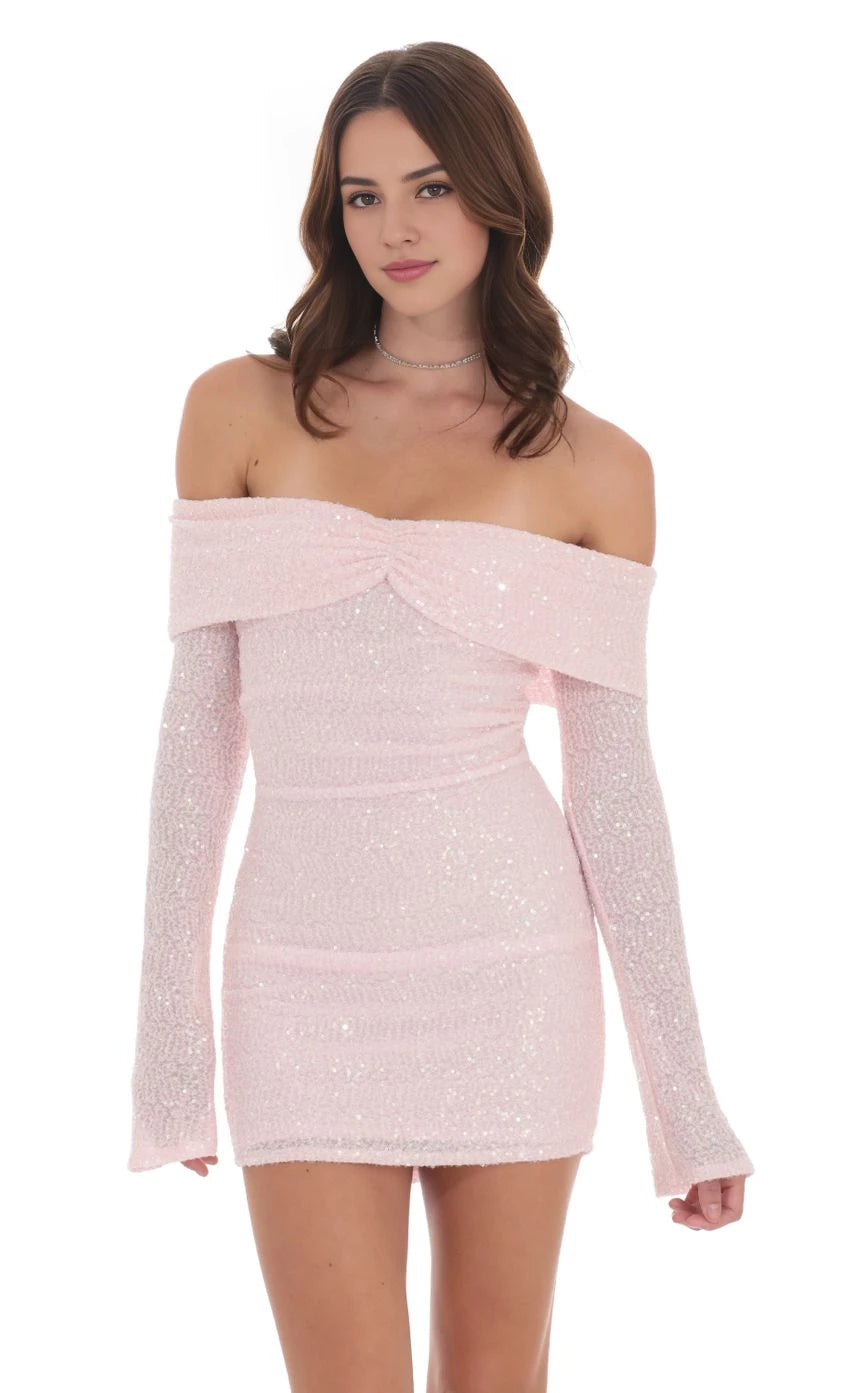 Glamorous Sheath Off-Shoulder Sequin-Long-Sleeve Back-Zip Short Length Homecoming Dresses