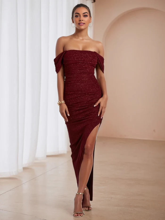 Glamorous Sheath Off - Shoulder Short Sleeve Open Back Long Length Prom Dresses