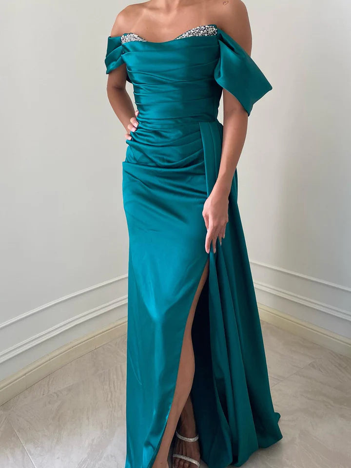 Glamorous Sheath Off - Shoulder Short - Sleeve Zipper Back Floor - Length Evening Gown