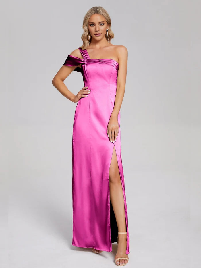 Glamorous Sheath One - Shoulder Bow Sleeve Solid Back Long Length Prom Dresses