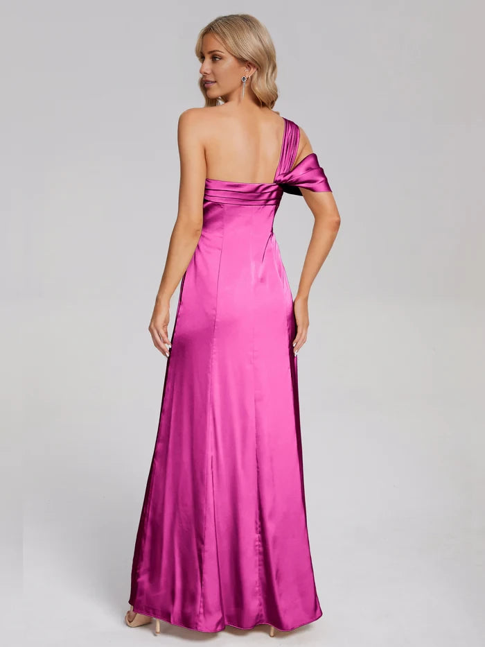 Glamorous Sheath One - Shoulder Bow Sleeve Solid Back Long Length Prom Dresses