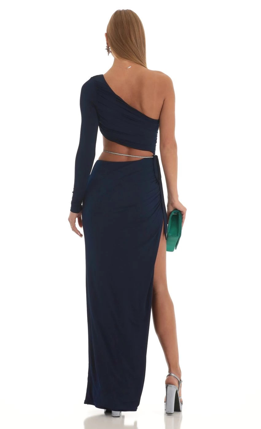 Glamorous Sheath One-Shoulder Cut-Out Back Floor Length Prom Dresses