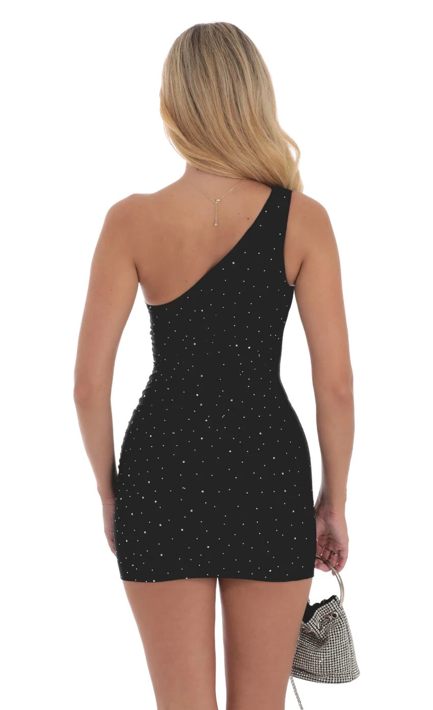 Glamorous Sheath One-Shoulder Rhinestone-Asymmetric-Sleeve Short Length Homecoming Dresses
