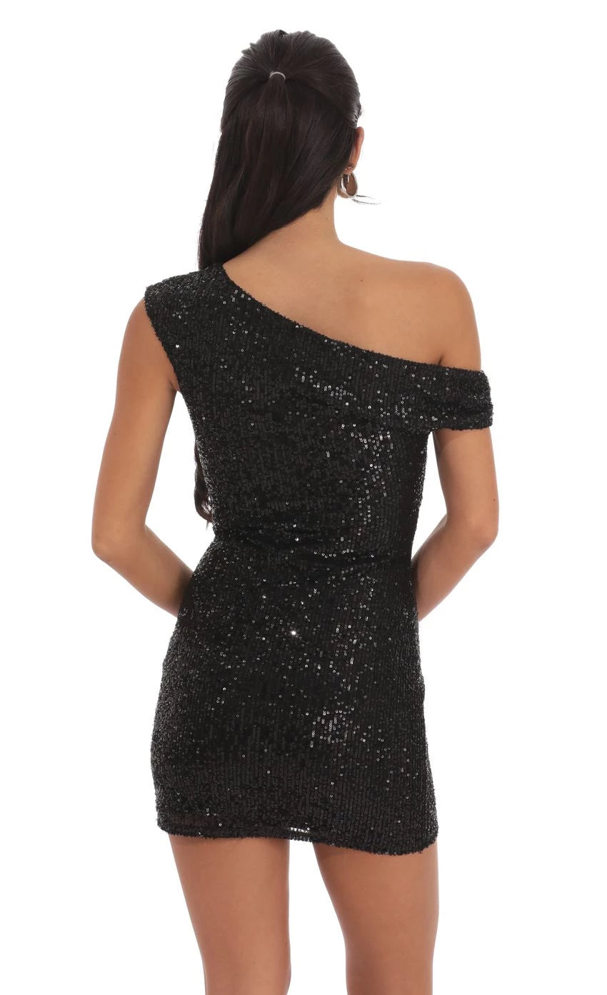Glamorous Sheath One-Shoulder Sequin-Asymmetric-Sleeve Short Length Homecoming Dresses