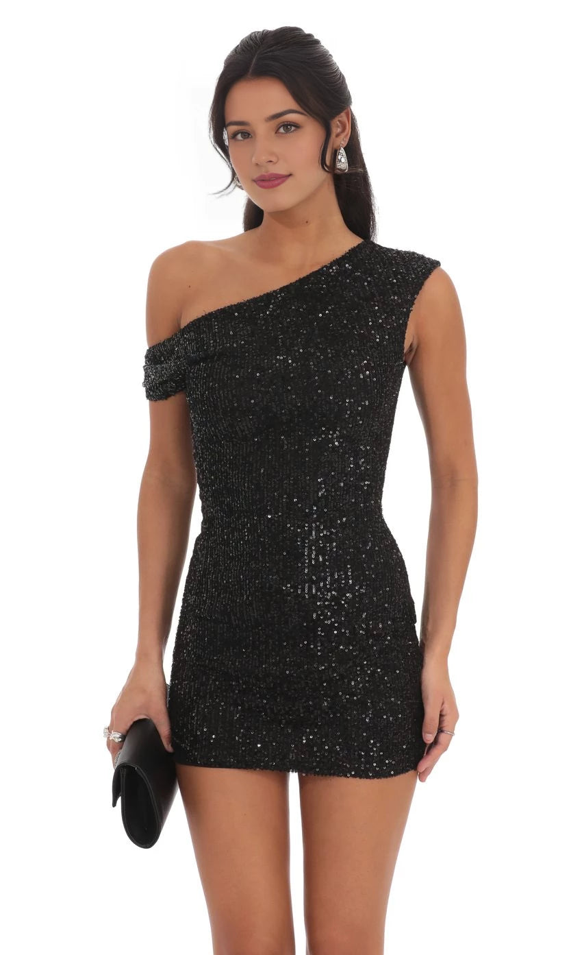 Glamorous Sheath One-Shoulder Sequin-Asymmetric-Sleeve Short Length Homecoming Dresses