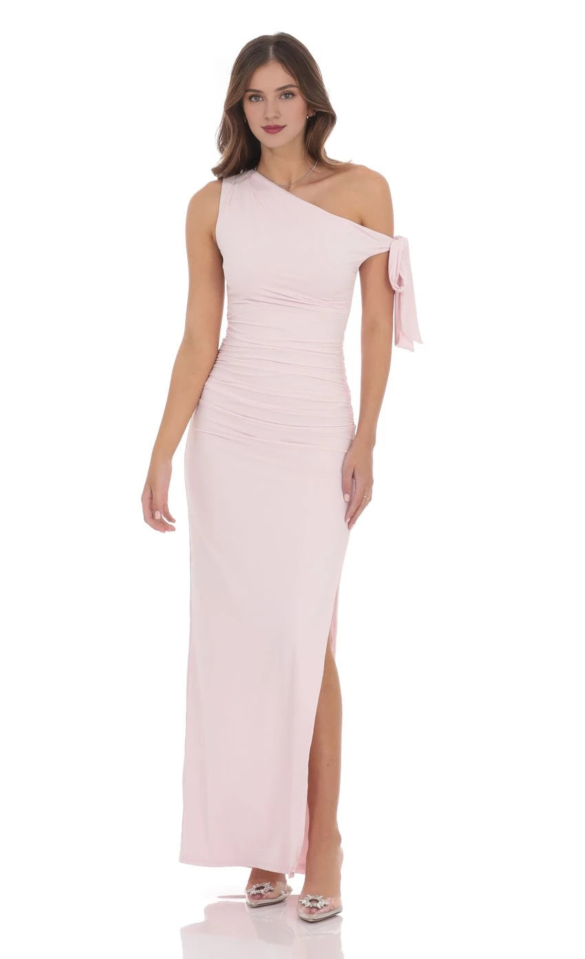 Glamorous Sheath One-Shoulder Tie-Sleeve Open Back Floor Length Prom Dresses