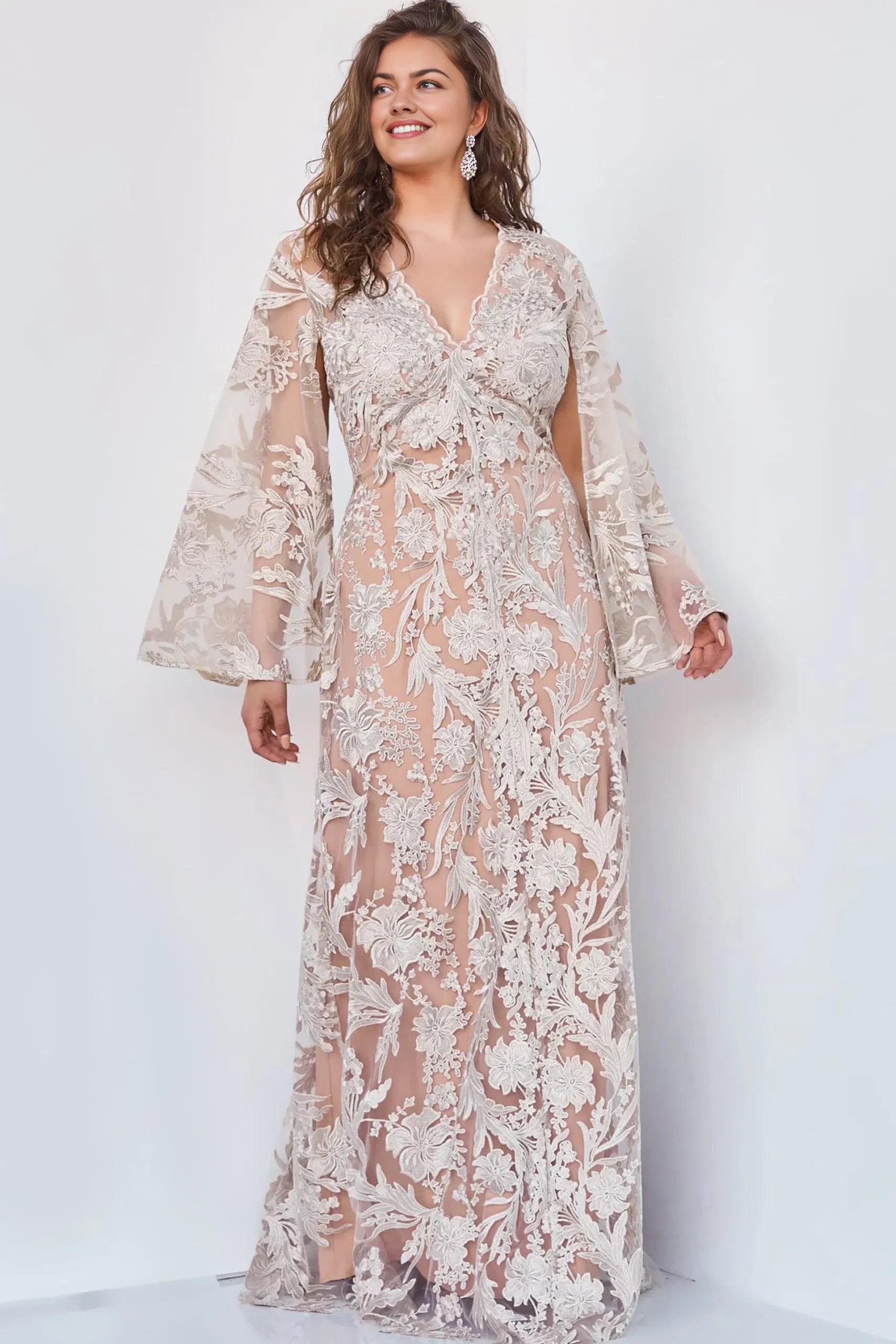 Glamorous Sheath Plunging-V-Neck Bell-Sleeve Floral-Lace Sheer Long Length Evening Dresses