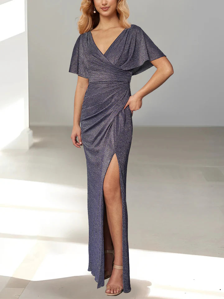 Glamorous Sheath Plunging V - Neck Flutter Sleeve Zipper Back Floor - Length Mother of the Bride Dresses