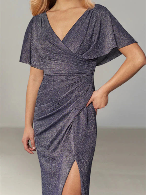 Glamorous Sheath Plunging V - Neck Flutter Sleeve Zipper Back Floor - Length Mother of the Bride Dresses