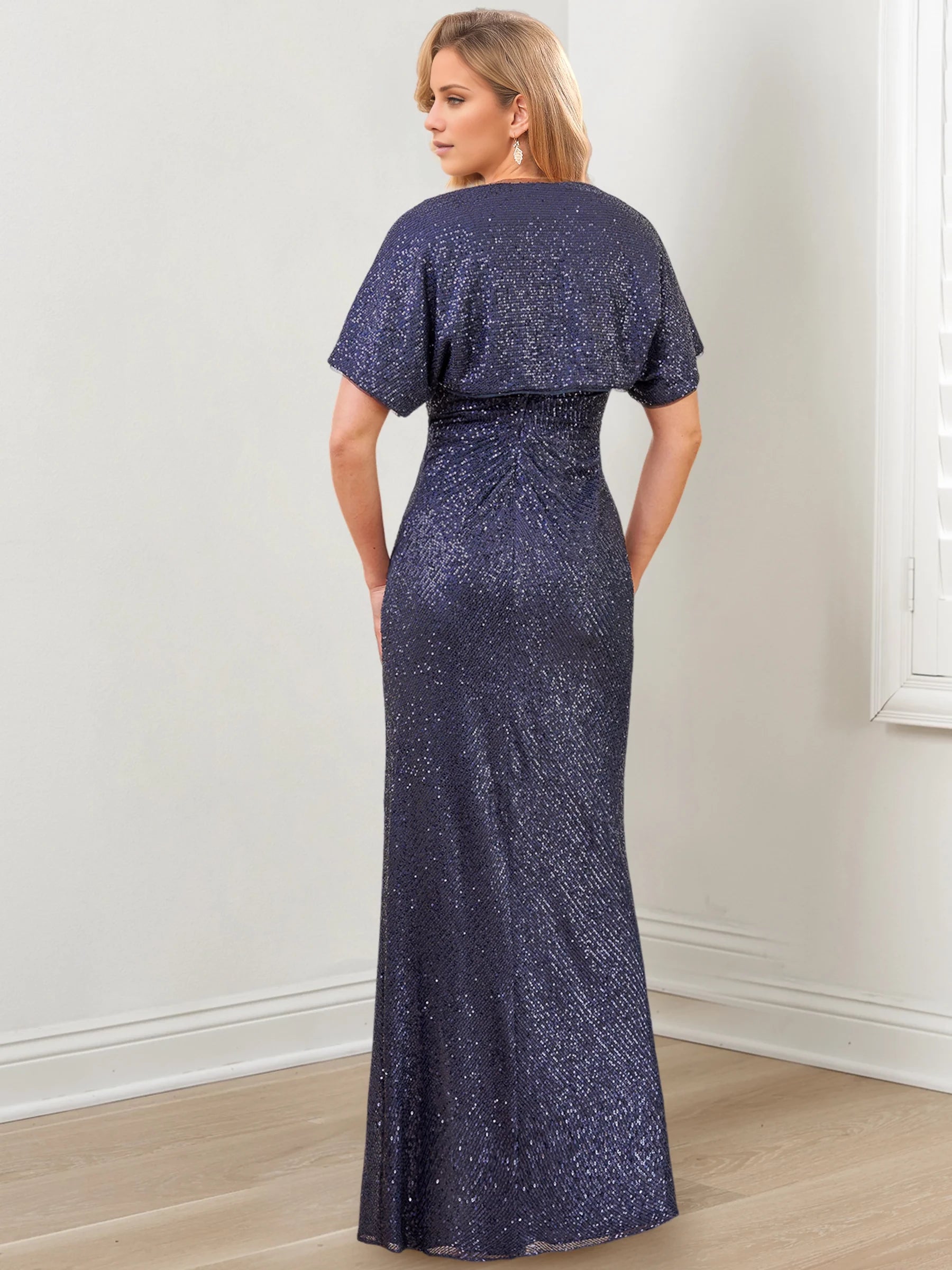 Glamorous Sheath Plunging V - Neck Short Sleeve Zipper Back Floor - Length Mother of the Bride Dresses