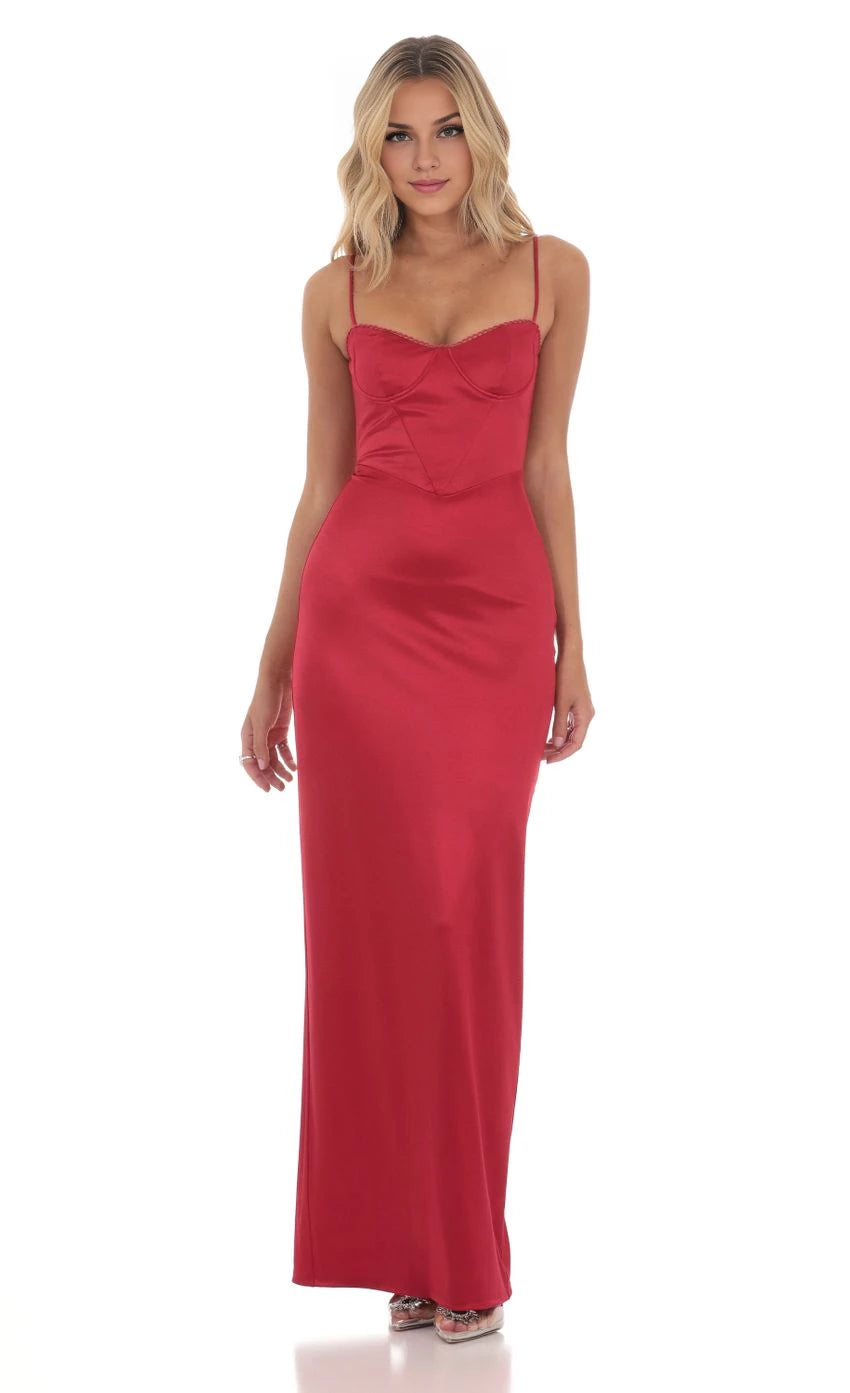 Glamorous Sheath Spaghetti-Strap Corset-Detail High-Slit Floor Length Prom Dresses