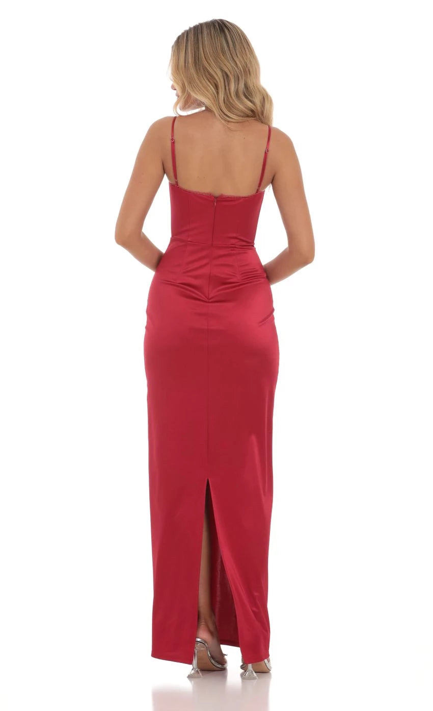 Glamorous Sheath Spaghetti-Strap Corset-Detail High-Slit Floor Length Prom Dresses