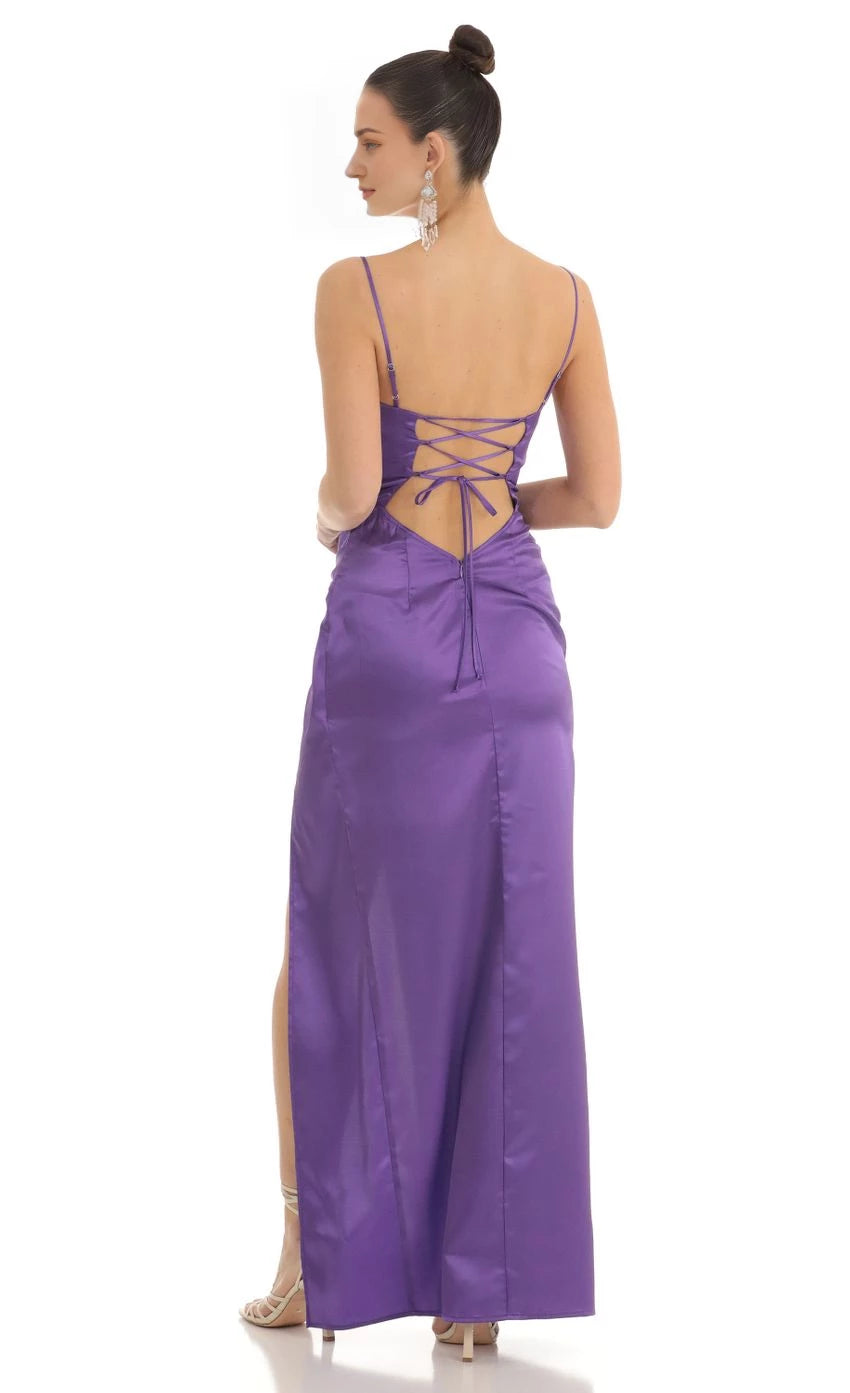 Glamorous Sheath Spaghetti-Strap Lace-Up Back High-Slit Floor Length Prom Dresses