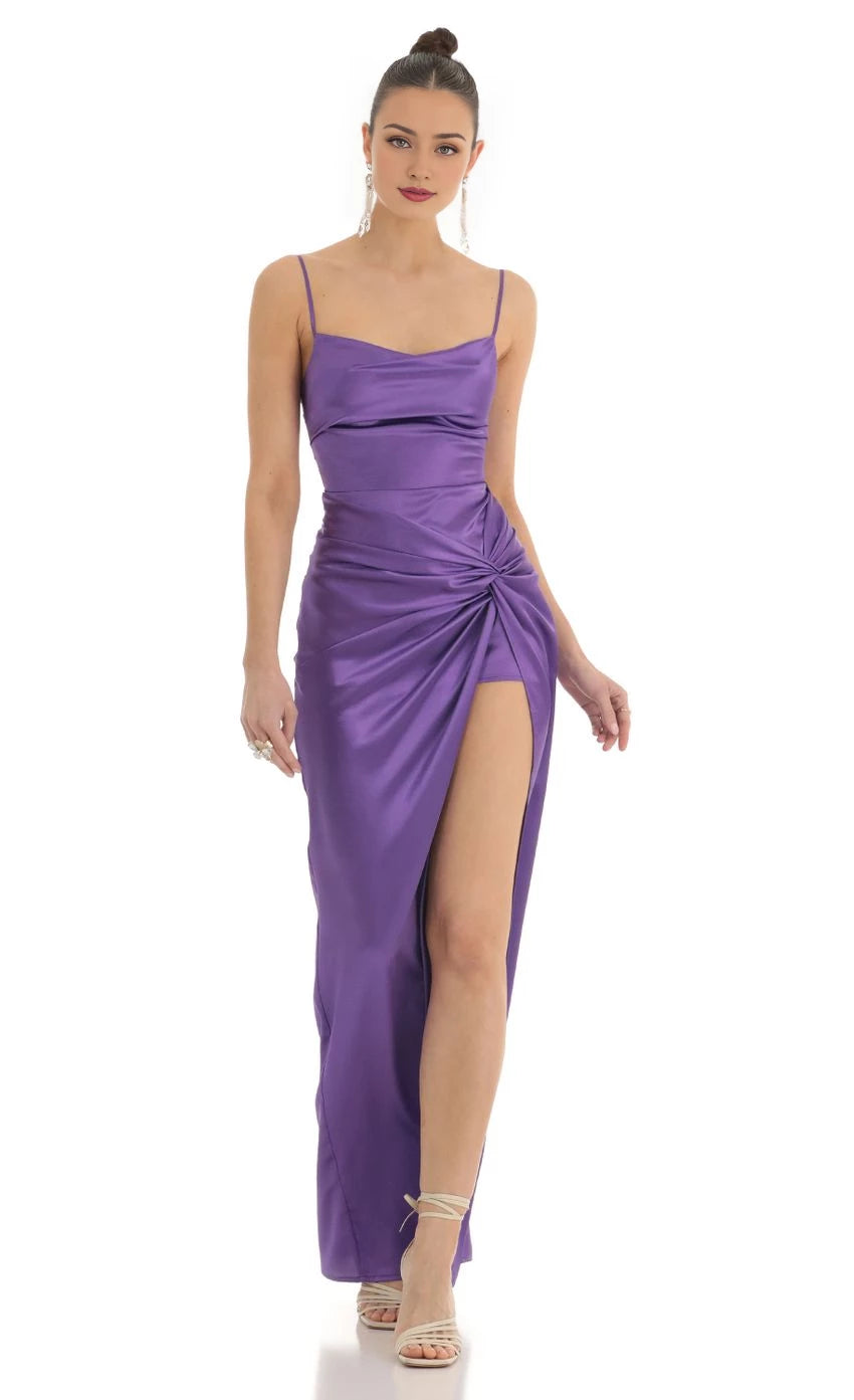 Glamorous Sheath Spaghetti-Strap Lace-Up Back High-Slit Floor Length Prom Dresses