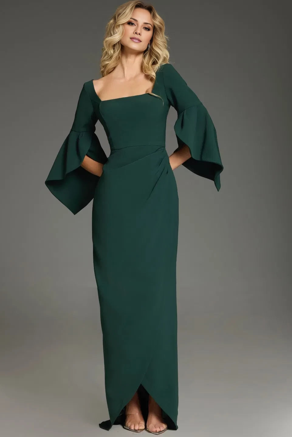 Glamorous Sheath Square Neck Bell-Sleeve Draped Long Length Evening Dresses