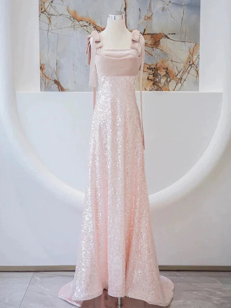 Glamorous Sheath Square-Neck Sequin-Bodice Bow-Strap Open-Back Train Length Evening Dresses