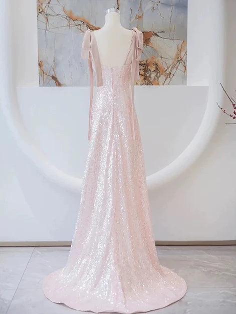 Glamorous Sheath Square-Neck Sequin-Bodice Bow-Strap Open-Back Train Length Evening Dresses