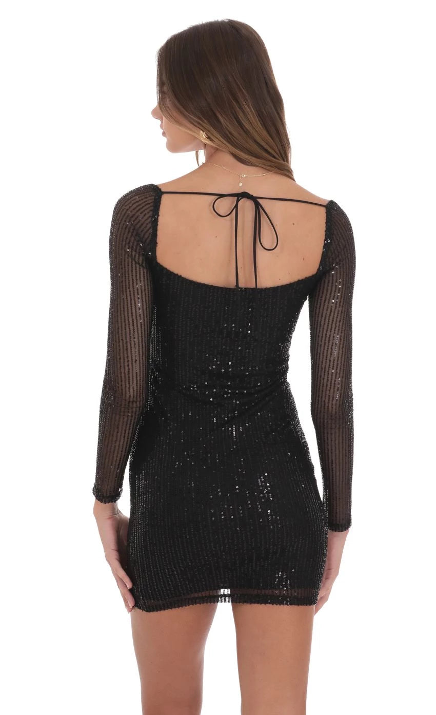 Glamorous Sheath Square-Neck Sequin-Long-Sleeve Tie-Back Short Length Homecoming Dresses