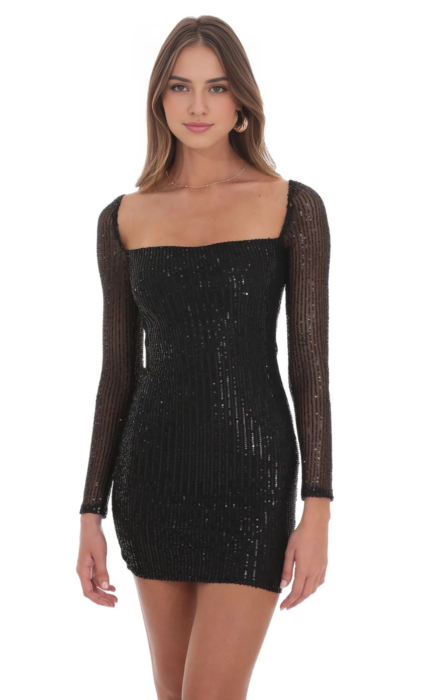 Glamorous Sheath Square-Neck Sequin-Long-Sleeve Tie-Back Short Length Homecoming Dresses