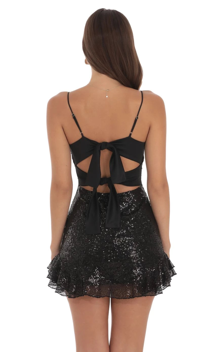 Glamorous Sheath Square-Neck Sequin-Spaghetti-Strap Bow-Back Short Length Homecoming Dresses