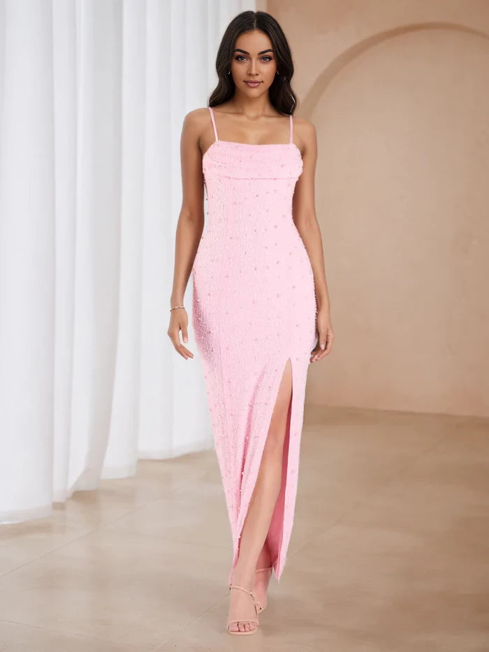 Glamorous Sheath Square Neck Sleeveless Plain Back Floor Length Prom Dresses