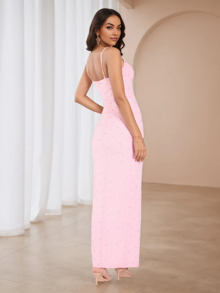 Glamorous Sheath Square Neck Sleeveless Plain Back Floor Length Prom Dresses