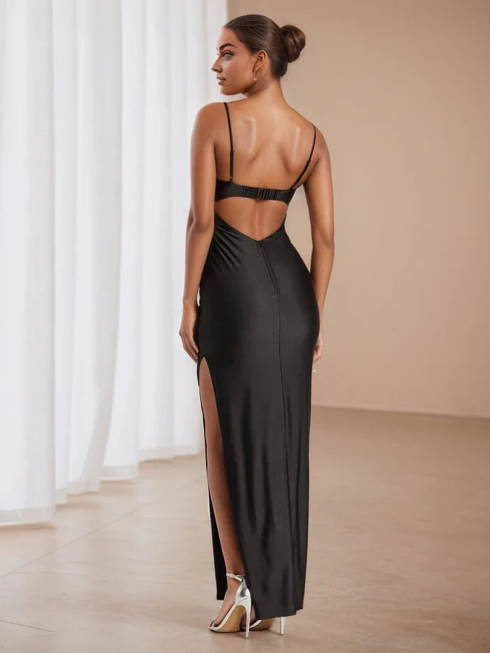 Glamorous Sheath Square Neck Spaghetti Strap Open Back Long Length Prom Dresses