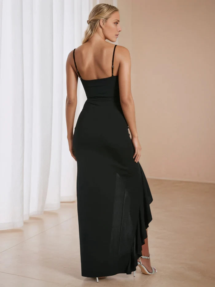 Glamorous Sheath Square Neck Spaghetti Strap Open Back Long Length Prom Dresses