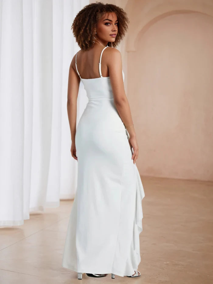 Glamorous Sheath Square Neck Spaghetti Strap Open Back Long Length Prom Dresses