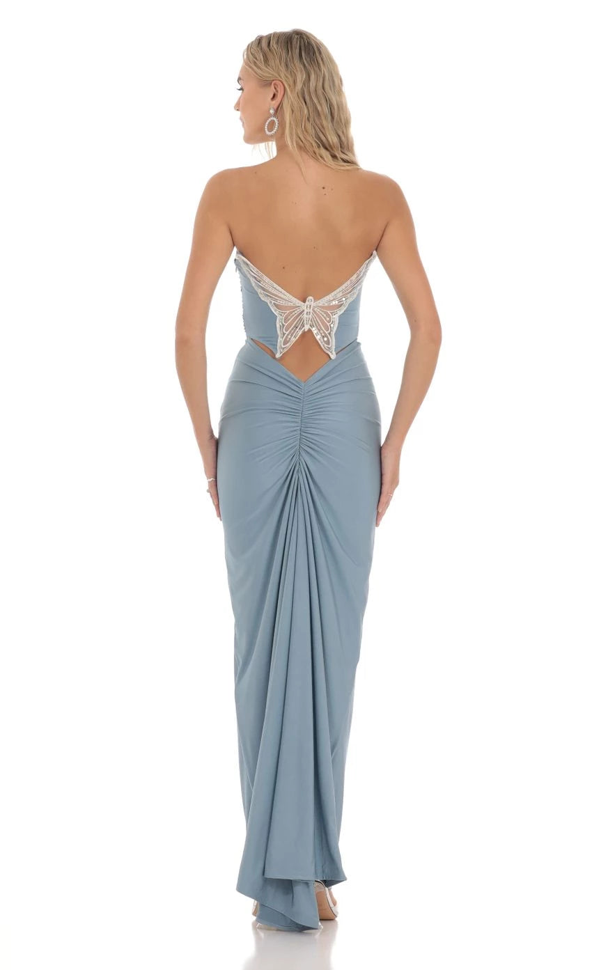 Glamorous Sheath Strapless Butterfly-Embellished Back Floor Length Prom Dresses