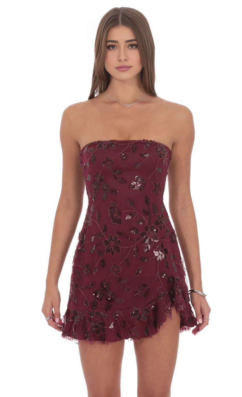 Glamorous Sheath Strapless Floral-Sequin Short Length Homecoming Dresses