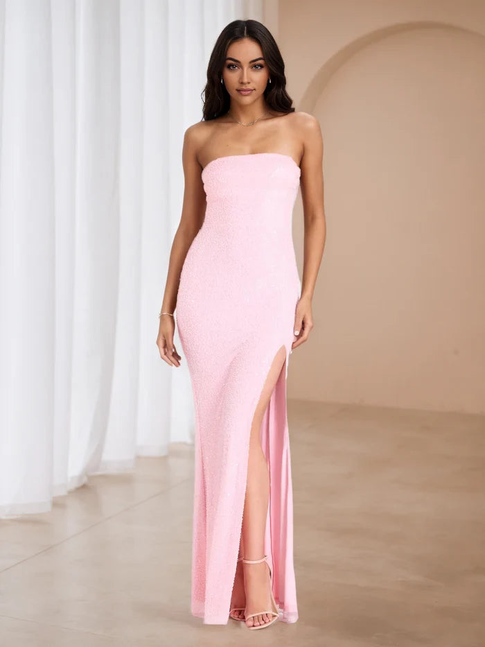 Glamorous Sheath Strapless Sleeveless Plain Back Floor Length Prom Dresses