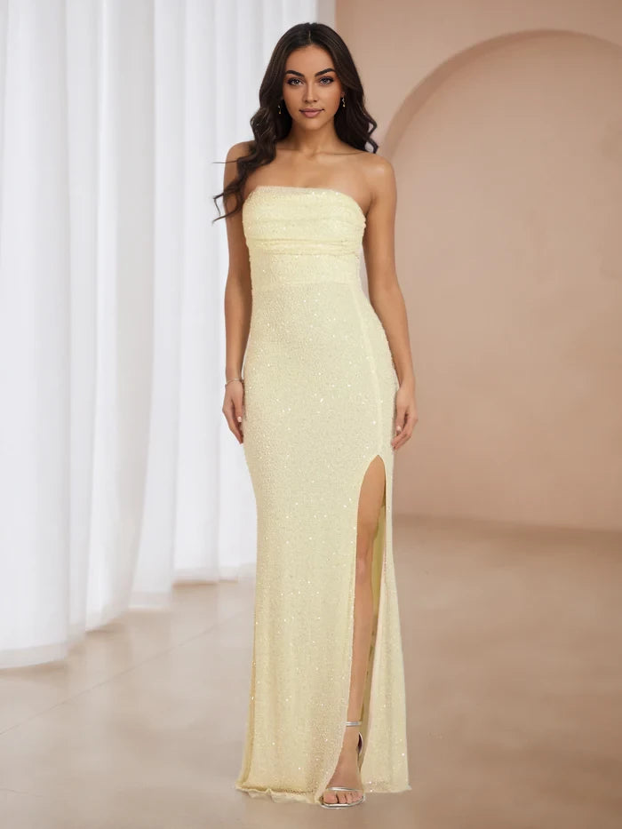 Glamorous Sheath Strapless Sleeveless Plain Back Floor Length Prom Dresses