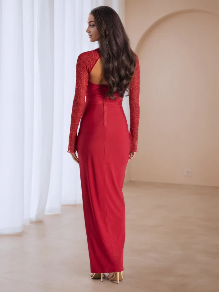 Glamorous Sheath Sweetheart Mesh Long Sleeve Cut - Out Back Long Length Prom Dresses