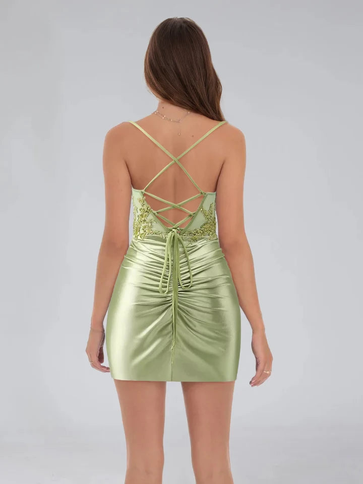 Glamorous Sheath Sweetheart Spaghetti Strap Lace - Up Back Mini Length Homecoming Dresses