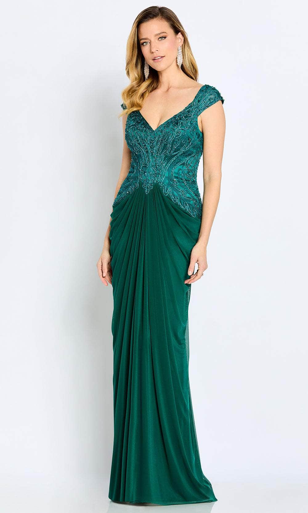 Glamorous Sheath V-Neck Cap-Sleeve Beaded-Back Emerald Chiffon Floor-Length Mother of the Bride Dresses