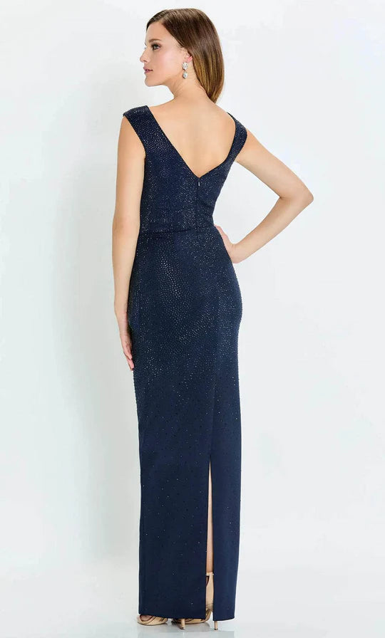 Glamorous Sheath V-Neck Cap-Sleeve Beaded-Peplum-Slit-Back Navy Satin Floor-Length Mother of the Bride Dresses